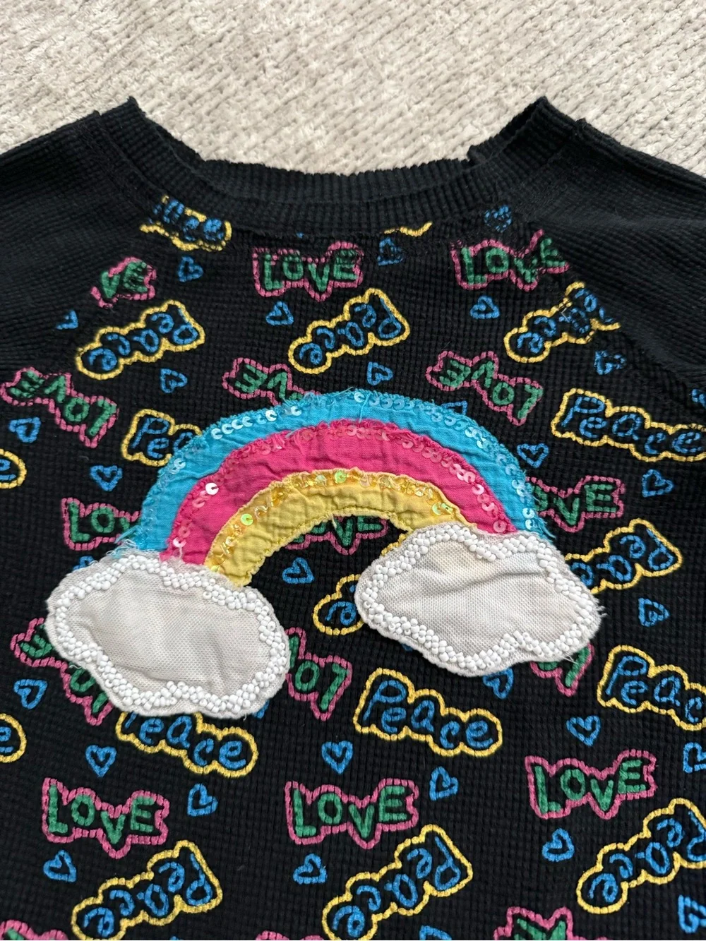 Haven Girl Rainbow‎ Love Peace Thermal Top Size 6 Black Waffle Knit